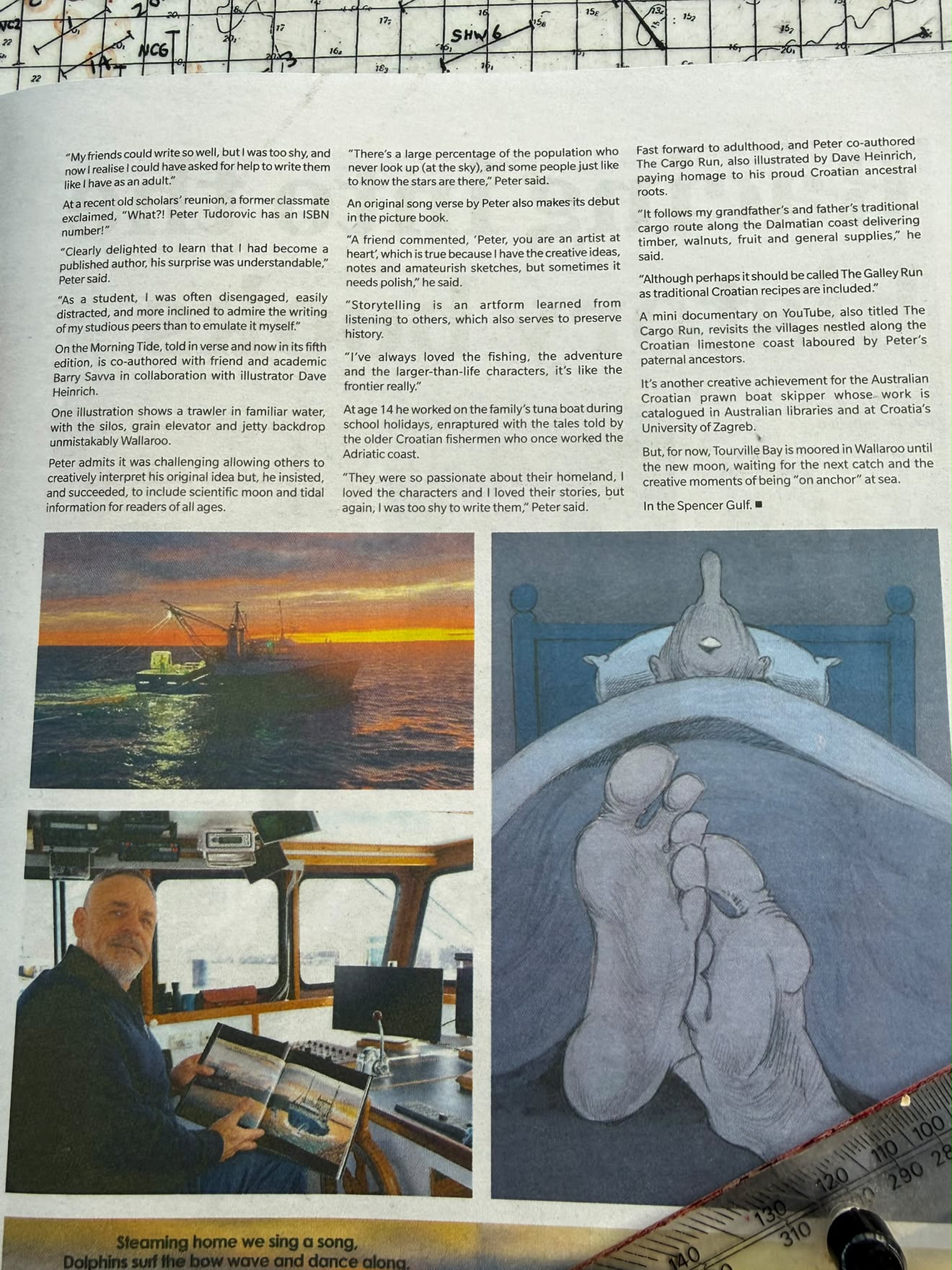 A magazine spread with photographs of Peter, a fishing boat at sunset, and book artwork